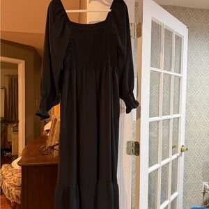 SHEIN Black Smocked Square-Neck Long Sleeve Maxi Dress